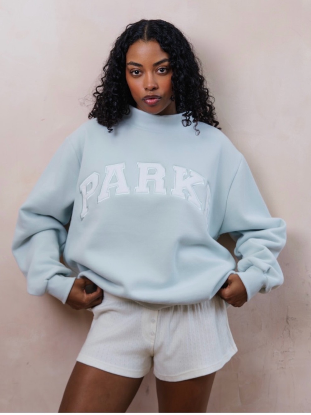 PARK Oversized Mock Neck Sweatshirt in Pale Blue BRIDAL DROP